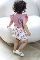 Baby Girl Clothes Infant Summer Outfits Set Ruffle Sleeve Romper and Floral Shorts with Headband (Sleeveless Purple, 90, 12_months)