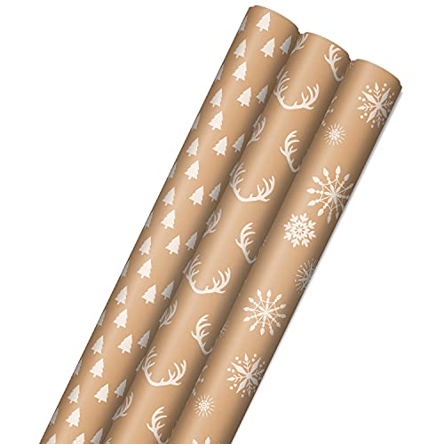 Recyclable Kraft Wrapping Paper with Cut Lines (3 Rolls: 90 Sq. Ft. Ttl.) Minimalist Christmas