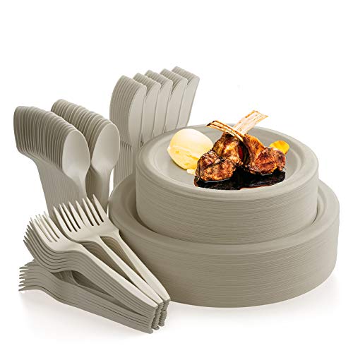 250Pcs Disposable Dinnerware Set, Compostable Sugarcane Cutlery Eco Friendly Tableware