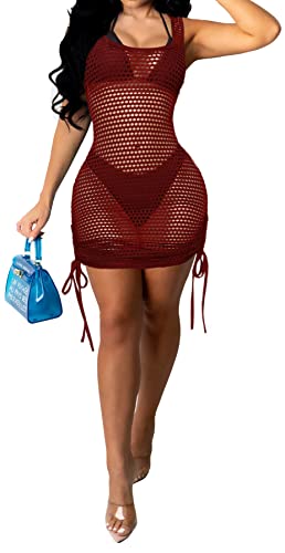 Women's Sexy Swimsuits Coverups See Through Tank Top Mesh Elegant Beachwear Bodycon Dresses with Drawstrings