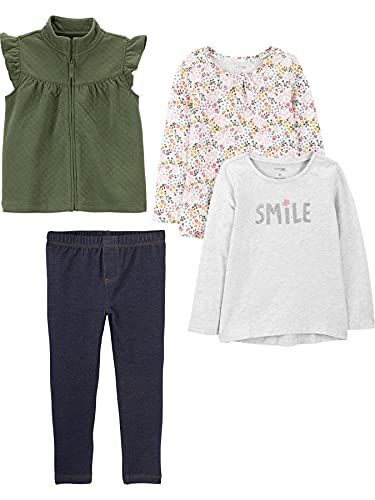 Girls' Toddler 4-Piece Top and Vest Set, Olive, Floral, 4T