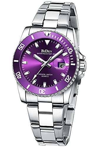 Womens Watches Purple Stainless Steel Waterproof Date Analog Quartz Watch