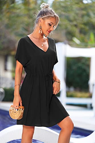 Women's Cover Up Short Sleeve Beachwear Coverups Loose V-Neck Bikini Beach Tunic