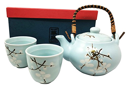 Japanese Design Sky Blue Cherry Blossom Sakura Tea Pot and Cups Set Serves 2