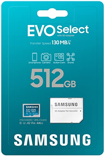 SAMSUNG EVO Select Micro SD-Memory-Card + Adapter, 512GB microSDXC 130MB/s Full HD & 4K UHD