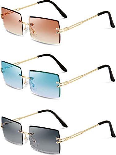 3 Pairs Rimless Rectangle Sunglasses Tinted Frameless Eyewear Vintage Transparent