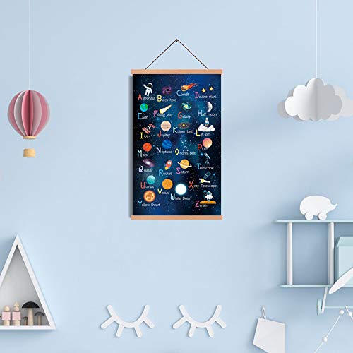 Outer Space Art Print With Wood Magnetic Poster Hanger Frame, Alphabet Decor