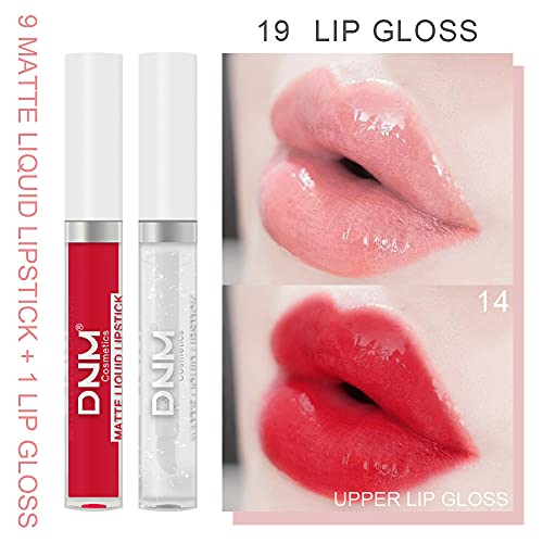 9Pcs Matte Liquid Lipsticks + 1Pcs Clear Lip Plumping Plumper Gloss Makeup Set
