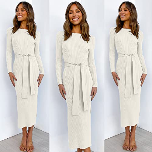 Women's Elegant Long Sleeve Crewneck Tie Waist Slim Fit Knit Slit Midi Dress White