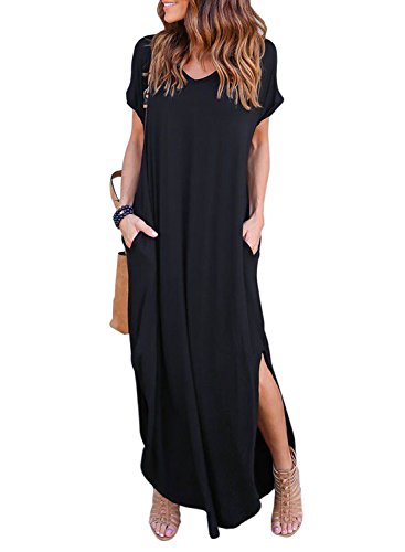 Womens Casual Pocket Beach Long Dress Short Sleeve Split Loose