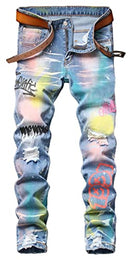 Men's Casual Color Printed Ripped Distressed Jeans Skinny Denim Pants