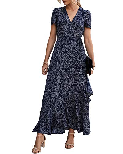 Women's Wrap Maxi Dress Floral V Neck Short Sleeve Ruffle Split Beach Long Dresses