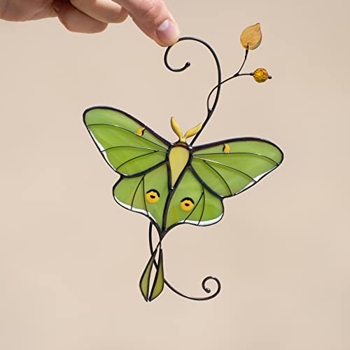 Green Luna Moth Butterfly Handmade Stained Glass Suncatcher