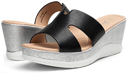 Women's Sandals Black Platform Peep Toe Wedge High Heel Slip On Shoes Size 8.5