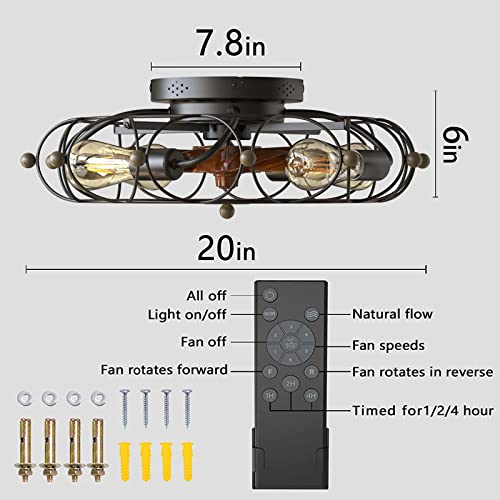 Caged Ceiling Fans with Lights and Remote Contral, Flush Mount Ceiling Fan with Light