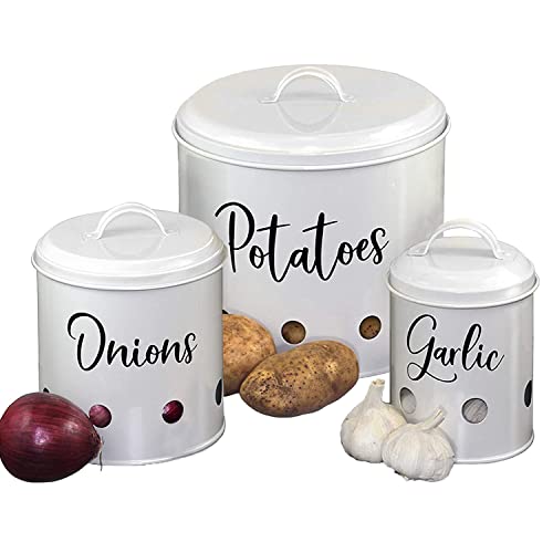 Kitchen Canisters Set of 3 - Airtight Potato, Onion & Garlic Keeper -White