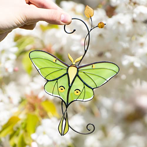 Green Luna Moth Butterfly Handmade Stained Glass Suncatcher