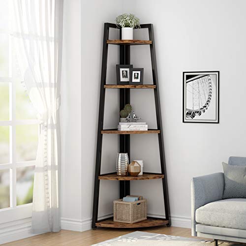 70 inch Tall Corner Shelf, 5 Tier Rustic Corner Bookshelf Industrial Corner Ladder Shelf
