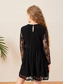 Girl's Floral Lace Panel Long Mesh Sleeve Round Neck Keyhole Back Formal Flared A Line