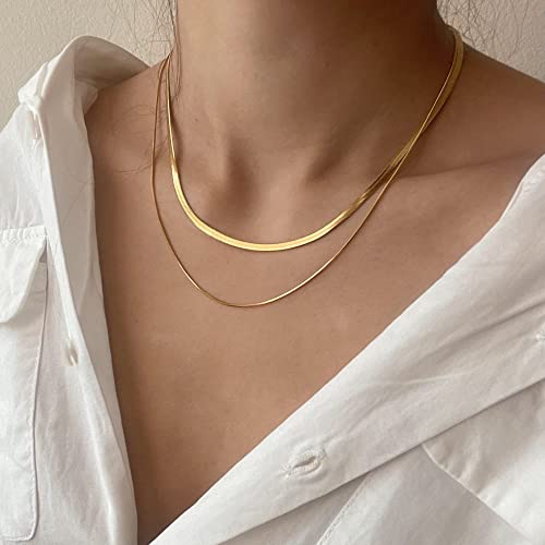Layered Necklace for Women, Double Layer Snake Chain Necklace 14k Gold Plated Layering