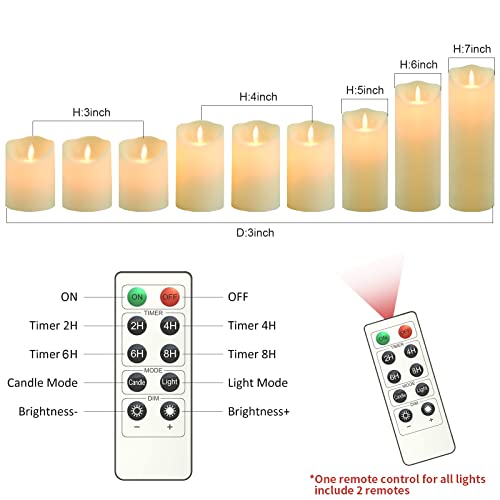Nimiko Flameless Candles With Remote, Battery Operated Flickering Flameless Candles, LED Candles with Timer 2/4/6/8H, with Realistic Moving Wick Pillar Candles Set Of 9 (D3" x H 3"4"5"6"7") (Ivory)