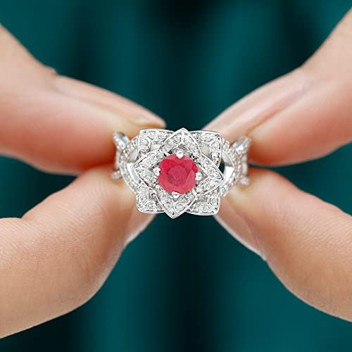 3/4 CT Ruby Solitaire Ring, 1/2 CT HI-SI Diamond Accent Ring, 14K White Gold