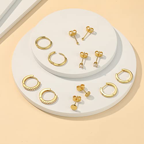 6 Pairs Stud and Hoop Earrings Set for Women 18K Gold Filled CZ Small Ball Studs Huggie