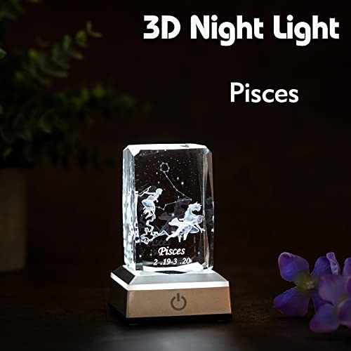 3D Pisces Crystal Zodiac Gifts for Birthday Constellation Lamp Room Decor Horoscope Astrology Gifts