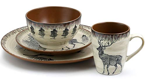 Round Stoneware Cabin Dinnerware Dish Set, 16 Piece, Elk Design with Warm Taupe and Brown Accents