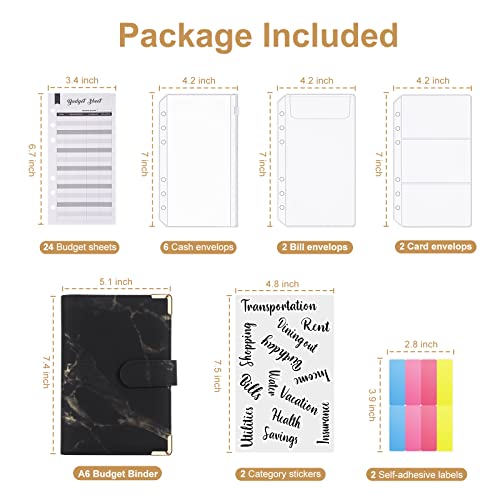 45 Pcs Budget Binder with Zipper Envelopes,PU Leather Money Organizer for Cash Bills Coupon Card, Budget Planner for Saving Money,Cash Envelopes for Budgeting,Money Saving Binder,Marble Black