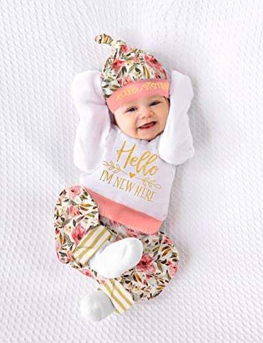 Newborn Baby Girl Clothes Ruffle Romper+Floral Pants+Hats+Headband Infant Girl Outfit Set 4PC Newborn