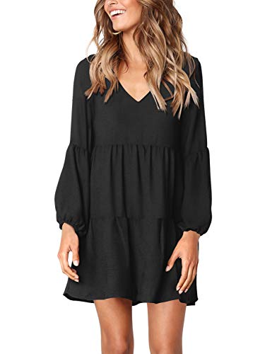 Women's Deep V Neck Loose Shift Pleated Tunic Dress Long Sleeves Black S