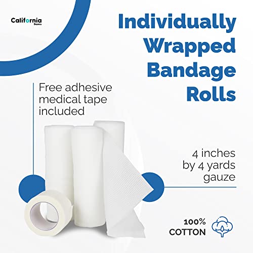 Gauze Bandage Roll with Free Bonus Tape (Pack of 24) - 4 Inch by 4 Yards Rolled Gauze Wrap