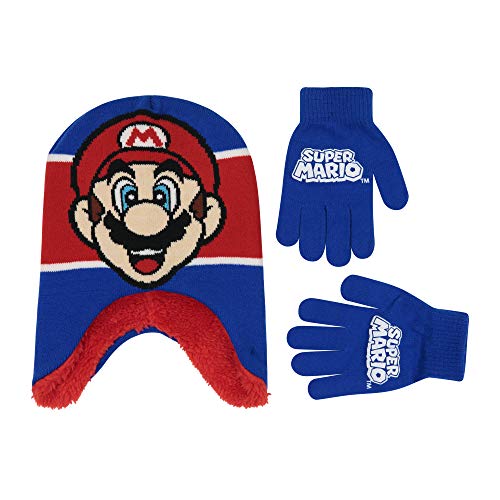 Nintendo Boys' Winter Hat and Kids Gloves Set, Super Mario Beanie for Ages 4-7, Blue/Red Design