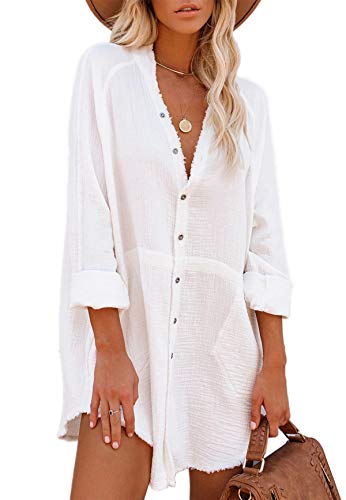 Women's Long Sleeve Button Down Tunic Dresses with Pockets,L,White