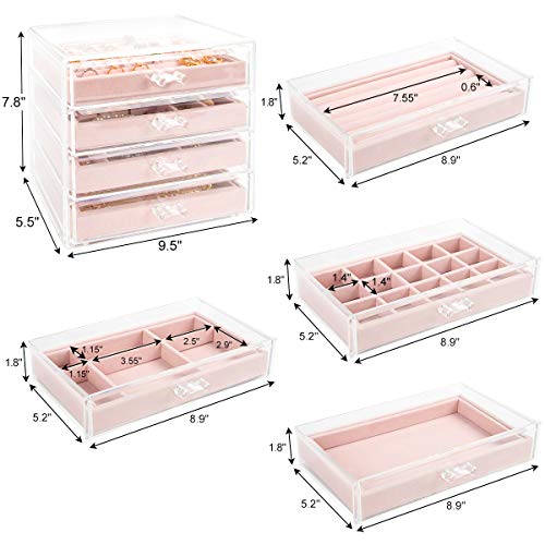 Acrylic Jewelry Box with 4 Drawers, Velvet Jewelry Organizer for Earring Necklace