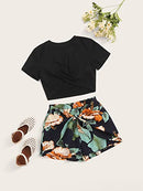 Girl's Summer 2 Piece Twist Front Crop Tops with Floral Belted Short Set