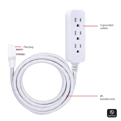 3-Outlet Power Strip with Surge Protection, 8 Ft Designer Braided Extension Cord