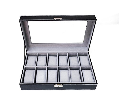 Watch Dislpay Box Organizer, Pu Leather with Glass Top, Large, Black