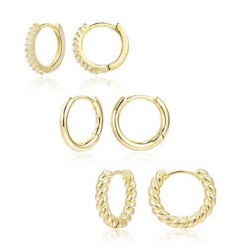 3 Pairs Small Huggie Hoop Earrings Set 14K Gold Hypoallergenic Lightweight Huggie