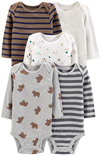 Baby Boys' Long-Sleeve Bodysuit, Pack of 5, Bear/Animal/Stripe, 3-6 Months