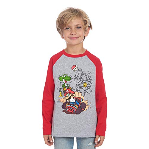 Nintendo Boys Super Mario Kart Long Sleeve Graphic Tee Shirt Top (14/16, Grey/Red)