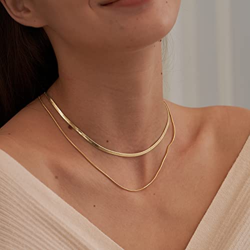 Layered Necklace for Women, Double Layer Snake Chain Necklace 14k Gold Plated Layering