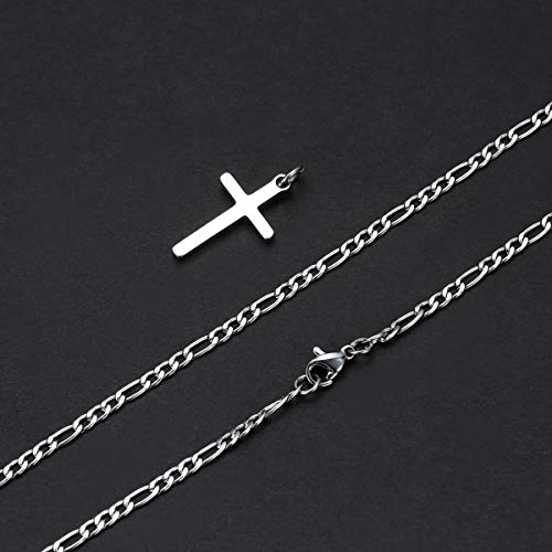 Cross Necklace for Men Figaro Chain Stainless Steel Plain Polished Cross Pendant