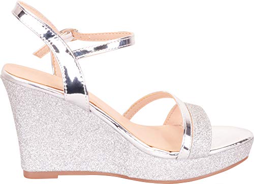 Women's Strappy Glitter Chunky Platform Wedge Sandal,6 B(M) US,Silver