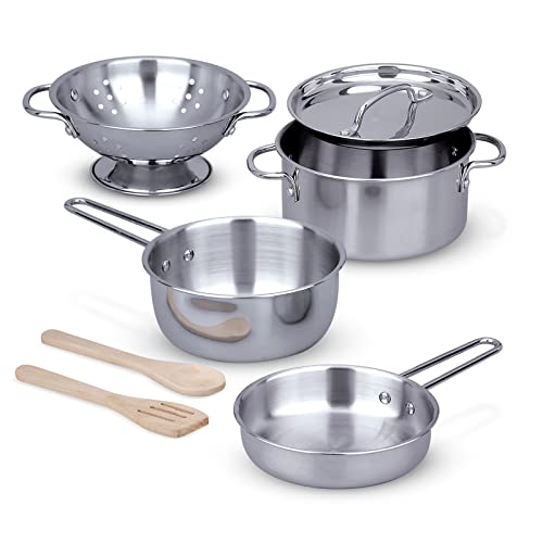 Stainless Steel Pots and Pans Pretend Play Kitchen Set for Kids (8 pcs)