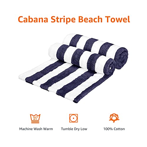 Amazon Basics Cabana Stripe Beach Towel - 2-Pack, Navy Blue
