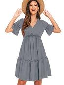 Women's Summer A Line Babydoll Mini Dress V-Neck Ruffle Flowy Casual Dresses