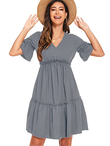 Women's Summer A Line Babydoll Mini Dress V-Neck Ruffle Flowy Casual Dresses