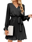 Little Black Dresses for Wedding Guest Lantern Sleeve Wrap V Neck Dress Pleated